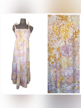 Liberty Love Floral Tiered Tie-Shoulder Maxi Dress in Pastel Yellow & Lavender